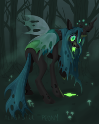 Size: 2000x2500 | Tagged: safe, artist:alabasterpeony, queen chrysalis, changeling, changeling queen, g4, commission, commissioner:reversalmushroom, crown, drool, female, forest, high res, jewelry, regalia, solo