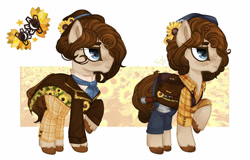 Size: 1250x800 | Tagged: safe, artist:ponsel, oc, oc only, earth pony, pony, bag, base used, clothes, duo, earth pony oc, flower, flower in hair, freckles, male, pants, raised hoof, saddle bag, stallion, sunflower