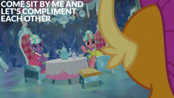 Size: 1280x720 | Tagged: safe, edit, edited screencap, editor:quoterific, screencap, smolder, stepford ponies, dragon, earth pony, pony, unicorn, g4, season 8, what lies beneath, dragoness, female, mare, smiling, tea time