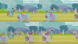 Size: 1280x720 | Tagged: safe, edit, edited screencap, editor:quoterific, screencap, blossomforth, cloud kicker, cloudchaser, dizzy twister, flitter, lightning bolt, merry may, orange swirl, rainbow dash, sunshower raindrops, white lightning, pegasus, pony, g4, hurricane fluttershy, season 2, coach rainbow dash, eyes closed, female, mare, open mouth, open smile, rainbow dashs coaching whistle, smiling, spread wings, whistle, whistle necklace, wings