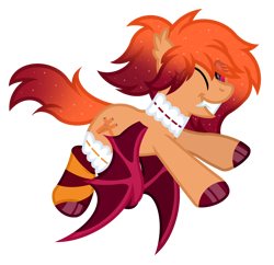 Size: 2890x2793 | Tagged: safe, artist:ponkus, oc, oc:cinnamon dust, bat pony, pony, clothes, collar, cute, fangs, female, flying, high res, looking at you, mare, one eye closed, simple background, socks, solo, transparent background, wink, winking at you