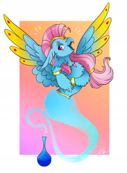 Size: 1592x2177 | Tagged: safe, artist:opalacorn, oc, oc only, oc:wishgriff, classical hippogriff, genie, hippogriff, bottle, bracelet, circlet, female, floating, gradient background, jewelry, looking at you, passepartout, raffle prize, smiling, smiling at you, solo, spread wings, wing jewelry, wings