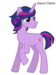 Size: 1242x1660 | Tagged: safe, artist:dawnflame, twilight sparkle, pony, unicorn, g4, dusk shine, female to male, full body, hooves, horn, looking back, male, multicolored mane, multicolored tail, raised hoof, rule 63, show accurate, signature, simple background, solo, stallion, standing, tail, transparent background, unicorn twilight