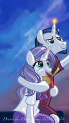 Size: 1242x2208 | Tagged: safe, artist:dawnflame, chancellor neighsay, oc, oc:silence lavender, pony, unicorn, g4, canon x oc, duo, duo male and female, female, glowing, glowing horn, horn, looking up, male, mare, open mouth, open smile, shipping, side hug, signature, sitting, smiling, stallion, straight, unicorn oc