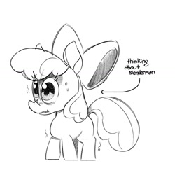 Size: 1342x1342 | Tagged: safe, artist:kyssimmee, apple bloom, earth pony, pony, g4, female, filly, foal, grayscale, monochrome, nervous, scared, shaking, solo, sweat