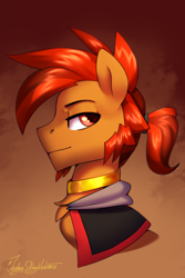 Size: 2000x3000 | Tagged: safe, artist:jedayskayvoker, oc, oc:st anger, pony, beard, bust, cape, clothes, colored, colored sketch, facial hair, full color, goatee, high res, icon, looking at you, male, ponytail, portrait, sketch, solo, stallion