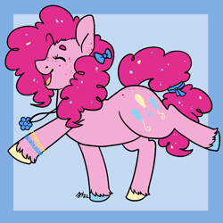 Size: 1000x1000 | Tagged: safe, artist:/d/non, pinkie pie, earth pony, pony, g4, bow, bracelet, colored hooves, confetti, curly hair, februpony, female, freckles, hair bow, jewelry, mare, necklace, open mouth, pink hair, raised leg, simple background, tail, tied tail