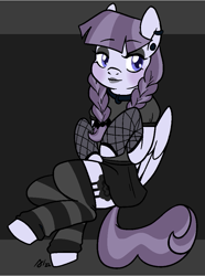 Size: 747x1002 | Tagged: safe, artist:/d/non, inky rose, pegasus, pony, g4, blue eyes, blushing, braid, clothes, ear piercing, eyeshadow, februpony, female, fishnet stockings, goth, gray background, lipstick, makeup, mare, piercing, purple hair, simple background, skirt, socks, wings