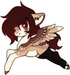 Size: 648x699 | Tagged: safe, artist:cabbage-arts, artist:sleepicookie, oc, oc only, oc:dashing fawn, pegasus, pony, base used, blank flank, brown mane, clothes, coat markings, colored wings, cute, ear piercing, female, full body, hooves, looking back, multicolored wings, natural hair color, pale belly, pegasus oc, piercing, pony oc, red eyes, simple background, socks (coat markings), solo, spread wings, stockings, thigh highs, white background, wings