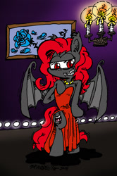 Size: 1120x1686 | Tagged: safe, artist:andreu-t, oc, oc only, oc:blood night, bat pony, pony, semi-anthro, arm hooves, bat pony oc, bipedal, clothes, dress, female, solo