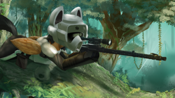 Size: 3840x2160 | Tagged: safe, artist:naafreelanceartist, oc, oc only, pegasus, pony, aiming, armor, gun, helmet, high res, lying down, ponified, prone, rifle, scout trooper, solo, star wars, tree, weapon