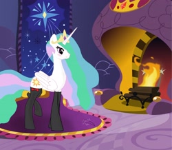 Size: 3000x2611 | Tagged: safe, artist:sarahthefox97, princess celestia, alicorn, pony, g4, clothes, female, fire, fireplace, high res, socks, solo, stockings, thigh highs