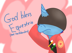 Size: 950x700 | Tagged: safe, artist:kanw, derpibooru exclusive, minuette, pony, unicorn, g4, crossover, helmet, salute, simple background, soldier, soldier (tf2), solo, team fortress 2, text, toothbrush