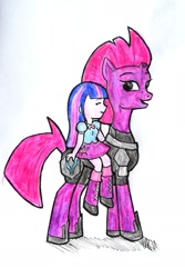 Size: 1414x2121 | Tagged: safe, artist:fude-chan-art, tempest shadow, twilight sparkle, pony, unicorn, equestria girls, g4, armor, broken horn, clothes, duo, duo female, female, full body, happy, horn, horse sized pony, mare, riding a pony, shirt, shoes, simple background, sitting, sitting on person, sitting on pony, size difference, skirt, smiling, socks, standing, tail, traditional art, white background