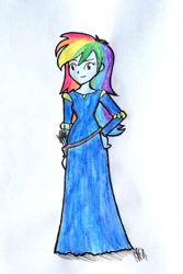 Size: 1616x2423 | Tagged: safe, artist:fude-chan-art, rainbow dash, equestria girls, g4, arrow, clothes, dress, female, full body, hand on hip, quiver, raised eyebrow, simple background, smiling, solo, standing, three quarter view, traditional art, white background