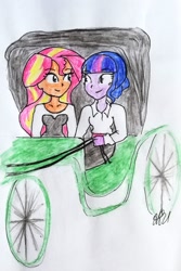 Size: 1499x2249 | Tagged: safe, artist:fude-chan-art, sunset shimmer, twilight sparkle, equestria girls, g4, duo, female, stagecoach, traditional art