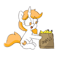 Size: 768x768 | Tagged: safe, artist:cherro, oc, oc only, oc:kitty kit, pony, unicorn, banana, female, food, herbivore, solo