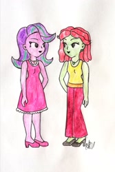 Size: 1616x2422 | Tagged: safe, artist:fude-chan-art, starlight glimmer, tree hugger, equestria girls, g4, clothes, duo, female, lesbian, shipping, starhugger, traditional art