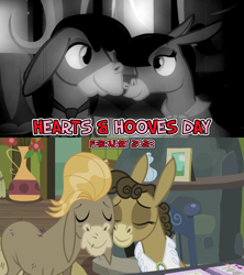 Size: 1280x1440 | Tagged: safe, artist:not-yet-a-brony, edit, edited screencap, screencap, cranky doodle donkey, matilda, donkey, a friend in deed, g4, slice of life (episode), 2022, black and white, february, female, gazing, grayscale, hearts and hooves day, holiday, husband and wife, i wonder, looking at each other, looking at someone, louis armstrong, lyrics in the description, male, monochrome, nuzzling, older, ship:crankilda, shipping, smiling, smiling at each other, song reference, straight, then and now, valentine's day, younger, youtube link in the description
