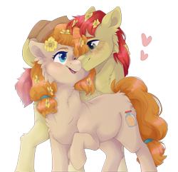 Size: 5479x5286 | Tagged: safe, artist:twinkesus, bright mac, pear butter, earth pony, pony, g4, cheek fluff, chest fluff, duo, ear fluff, female, flower, flower in hair, heart, male, shipping, simple background, straight, transparent background