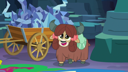 Size: 1280x720 | Tagged: safe, screencap, yona, yak, g4, season 9, uprooted, cave of harmony, cloven hooves, cute, fence, happy, monkey swings, solo, yonadorable