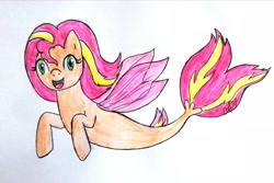 Size: 3143x2095 | Tagged: safe, artist:fude-chan-art, sunset shimmer, seapony (g4), g4, female, high res, seaponified, solo, species swap, traditional art