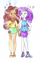 Size: 1616x2422 | Tagged: safe, artist:fude-chan-art, rarity, saffron masala, equestria girls, g4, clothes, duo, female, holding hands, lesbian, music notes, open mouth, raffron, rarity peplum dress, shipping, traditional art