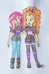 Size: 1455x2182 | Tagged: safe, artist:fude-chan-art, adagio dazzle, sunset shimmer, equestria girls, g4, bisexual pride flag, clothes, duo, female, lesbian, pride, pride flag, ship:sunsagio, shipping, traditional art