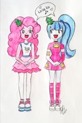 Size: 1616x2423 | Tagged: safe, artist:fude-chan-art, pinkie pie, sonata dusk, equestria girls, g4, clothes, duo, female, lesbian, ship:pinata, shipping, traditional art