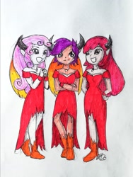 Size: 1616x2153 | Tagged: safe, artist:fude-chan-art, apple bloom, scootaloo, sweetie belle, demon, equestria girls, g4, clothes, cutie mark crusaders, dress, female, horns, traditional art, trio