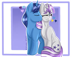 Size: 1280x1024 | Tagged: safe, artist:anastasiaplisetskaya, night light, twilight velvet, pony, unicorn, g4, abstract background, cheek kiss, duo, female, heart, kissing, male, mare, one eye closed, ship:nightvelvet, shipping, sitting, stallion, standing, straight