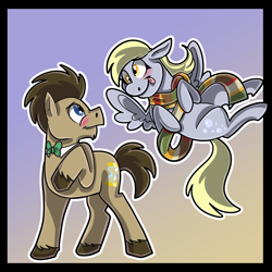 Size: 3000x3000 | Tagged: safe, artist:wulfums, derpy hooves, doctor whooves, time turner, earth pony, pegasus, pony, g4, blushing, clothes, couple, februpony, female, flying, fourth doctor's scarf, high res, male, scarf, ship:doctorderpy, shipping, straight, striped scarf