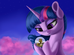 Size: 2970x2228 | Tagged: safe, artist:flusanix, twilight sparkle, oc, oc:syl, pony, g4, cloud, female, high res, lidded eyes, mare, orb, pink cloud, sphere, stars