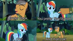 Size: 3464x1939 | Tagged: safe, edit, edited screencap, screencap, quibble pants, rainbow dash, earth pony, pegasus, pony, g4, stranger than fan fiction, female, male, parody, playstation, positive message, scene parody, stallion, wings, xbox