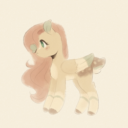 Size: 1024x1024 | Tagged: safe, artist:flowercatbutters, fluttershy, butterfly, pegasus, pony, g4, alternate design, blaze (coat marking), blushing, butterfly on nose, coat markings, colored ears, colored hooves, colored wings, colored wingtips, dappled, deer tail, ear tufts, facial markings, februpony, female, folded wings, insect on nose, looking at something, mare, missing cutie mark, multicolored wings, no pupils, pale belly, profile, socks (coat markings), solo, standing, tail, wings