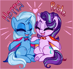 Size: 622x588 | Tagged: safe, artist:esmeia, starlight glimmer, trixie, pony, unicorn, g4, bisexual pride flag, blushing, cape, chest fluff, clothes, cute, duo, eyes closed, female, happy, heart, lesbian, lesbian pride flag, pride, pride flag, ship:startrix, shipping, smiling, underhoof