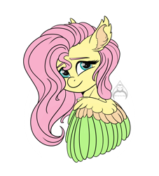 Size: 1280x1408 | Tagged: safe, artist:will-owl-the-wisp, fluttershy, pegasus, pony, g4, bust, colored wings, ear fluff, februpony, female, looking at you, mare, multicolored wings, simple background, smiling, solo, three quarter view, white background, wings