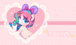 Size: 2000x1200 | Tagged: safe, artist:fenix-artist, oc, oc only, earth pony, pony, blushing, bow, commission, female, hair bow, heart, hearts and hooves day, holiday, mare, markings, multicolored hair, one eye closed, solo, unshorn fetlocks, valentine's day, wink, ych result