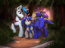 Size: 2048x1522 | Tagged: safe, artist:teta, oc, oc only, oc:lishka, oc:solar gizmo, butterfly, pegasus, pony, unicorn, clothes, female, filly, foal, forest, forest background, horn, male, mare, nature, outdoors, pegasus oc, raised hoof, scarf, stallion, trio, unicorn oc, wings