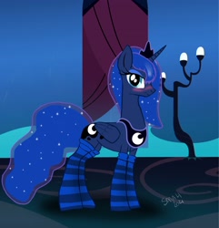 Size: 3000x3110 | Tagged: safe, artist:sarahthefox97, princess luna, alicorn, pony, g4, blushing, clothes, crown, embarrassed, female, folded wings, frown, high res, jewelry, looking at you, mare, peytral, regalia, signature, socks, solo, stockings, striped socks, thigh highs, wavy mouth, wings