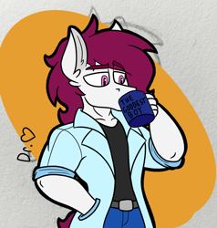 Size: 1734x1821 | Tagged: safe, artist:drheartdoodles, oc, oc only, oc:dr.heart, clydesdale, anthro, belt, colored, digital art, dilf, doctor, doctors coat, drinking, flat colors, male, mug, solo, stallion, waist up