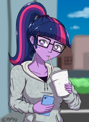 Size: 880x1200 | Tagged: safe, artist:empyu, sci-twi, twilight sparkle, equestria girls, g4, clothes, drink, female, glasses, hoodie, ponytail, solo