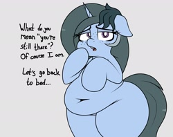 Size: 2082x1652 | Tagged: safe, artist:blitzyflair, oc, oc only, oc:blitzy flair, pony, unicorn, belly button, bipedal, chubby, dialogue, fat, fat fuck, female, floppy ears, freckles, large butt, looking at you, mare, obese, open mouth, plump, question, raised hoof, schizophrenia, simple background, solo, wide hips