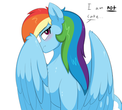 Size: 3000x2700 | Tagged: safe, artist:astrum, part of a set, rainbow dash, pegasus, pony, g4, angry, blatant lies, blushing, chest fluff, covering face, cute, dashabetes, dialogue, digital art, female, flustered, frown, high res, i'm not cute, looking away, looking up, madorable, mare, simple background, sitting, solo, talking to viewer, text, tsunderainbow, tsundere, white background, wings