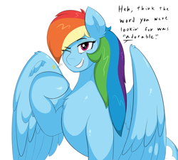 Size: 3000x2700 | Tagged: safe, artist:astrum, part of a set, rainbow dash, pegasus, pony, g4, bait and switch, chest fluff, cute, dashabetes, dialogue, digital art, eye clipping through hair, eyebrows, eyebrows visible through hair, female, grin, high res, looking at you, mare, one eye closed, pointing, pointing at self, raised hoof, simple background, sitting, smiling, smiling at you, solo, talking to viewer, text, white background, wings, wink, winking at you