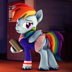 Size: 2160x2160 | Tagged: safe, artist:psfmer, rainbow dash, pegasus, pony, 3d, book, butt, chalkboard, classroom, clothes, dock, female, folded wings, high res, hoof hold, looking at you, mare, open mouth, plot, rainbutt dash, school uniform, schoolgirl, skirt, solo, source filmmaker, tail, unshorn fetlocks, wings