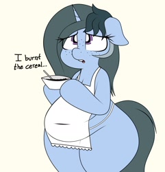 Size: 1816x1880 | Tagged: safe, artist:blitzyflair, oc, oc only, oc:blitzy flair, pony, unicorn, apron, belly button, bipedal, bowl, burned, cereal, chubby, clothes, dialogue, female, floppy ears, food, freckles, holding, looking up, mare, open mouth, plump, solo, wide hips