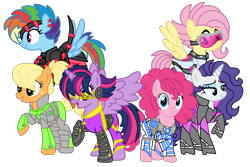 Size: 1800x1200 | Tagged: safe, artist:icicle-niceicle-1517, artist:rmv-art, color edit, edit, applejack, fluttershy, pinkie pie, rainbow dash, rarity, twilight sparkle, alicorn, cyborg, earth pony, pegasus, pony, unicorn, g4, alternate hairstyle, amputee, armor, augmented, belt, boots, clothes, collaboration, colored, cyberpunk, ear piercing, earring, eyeshadow, flying, freckles, goggles, grin, high heel boots, jewelry, makeup, mane six, open mouth, piercing, prosthetic limb, prosthetics, shoes, simple background, smiling, transparent background, twilight sparkle (alicorn)