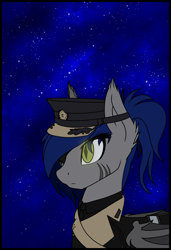 Size: 1773x2592 | Tagged: safe, artist:syntiset, oc, oc only, bat pony, pony, fallout equestria, bat pony oc, bat wings, cap, clothes, ear fluff, enclave, eyepatch, female, fluffy, folded wings, glowing, glowing eyes, grand pegasus enclave, hat, mare, outfit, phone drawing, ponytail, scar, soldier, soldier pony, solo, wings