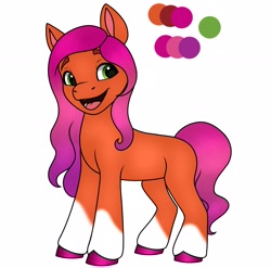 Size: 2074x2048 | Tagged: safe, artist:dancingkinfiend, oc, oc:sapling beautyberry, earth pony, pony, g5, my little pony: a new generation, coat markings, female, green eyes, happy, high res, mare, not sunny starscout, offspring, orange fur, parent:sprout cloverleaf, parent:sunny starscout, parents:sunnysprout, purple hair, purple mane, reference sheet, ship:sunnyclover, shipping, simple background, socks (coat markings), solo, white background